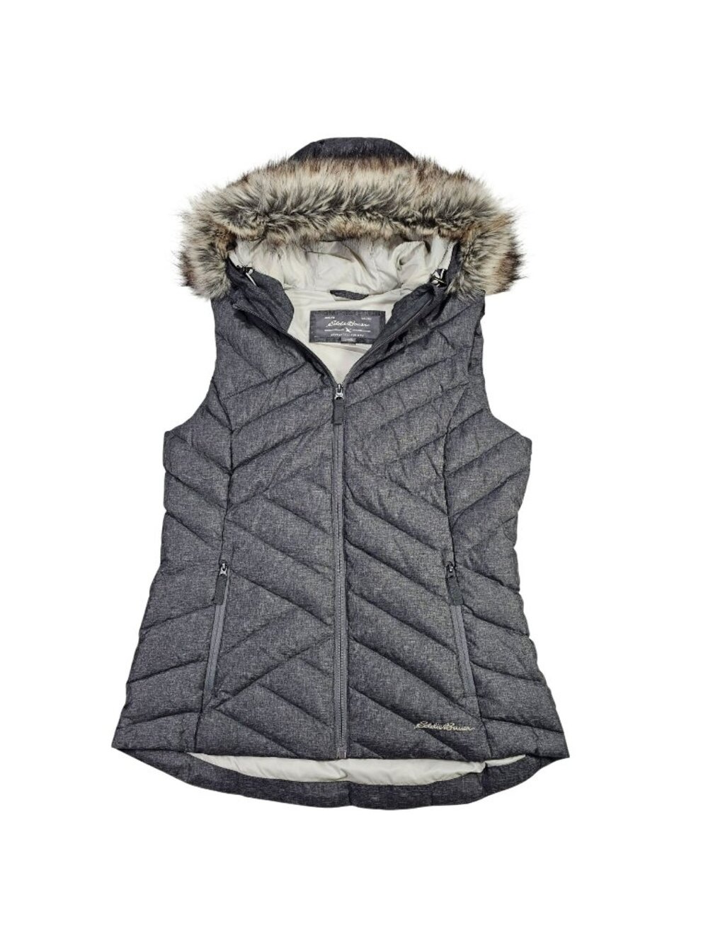 Eddie Bauer Sleeveless Quilted Puffer Vest Fur Hooded Down Womens Size S Gray